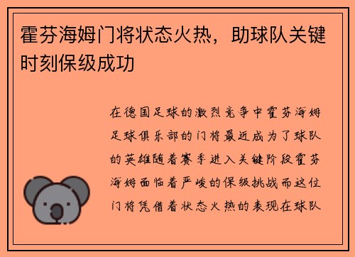 霍芬海姆门将状态火热，助球队关键时刻保级成功