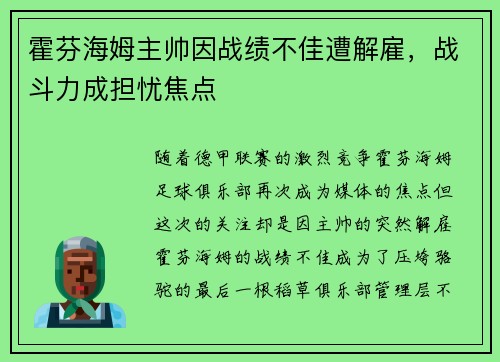 霍芬海姆主帅因战绩不佳遭解雇，战斗力成担忧焦点