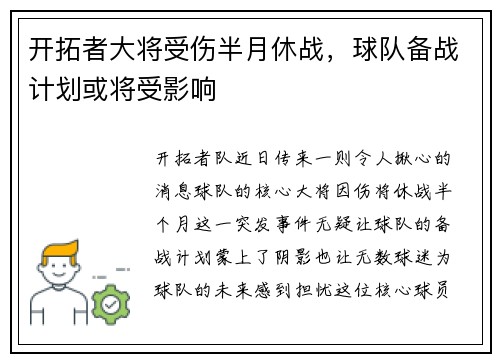 开拓者大将受伤半月休战，球队备战计划或将受影响