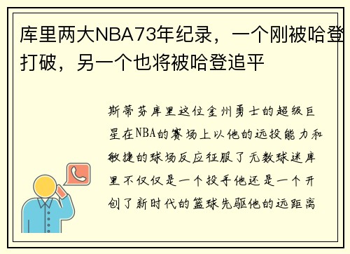 库里两大NBA73年纪录，一个刚被哈登打破，另一个也将被哈登追平