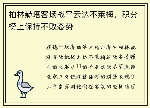 柏林赫塔客场战平云达不莱梅，积分榜上保持不败态势