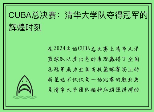 CUBA总决赛：清华大学队夺得冠军的辉煌时刻
