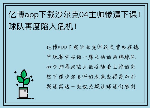 亿博app下载沙尔克04主帅惨遭下课！球队再度陷入危机！