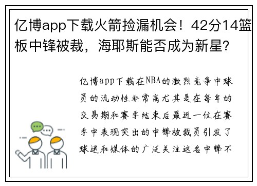 亿博app下载火箭捡漏机会！42分14篮板中锋被裁，海耶斯能否成为新星？ - 副本